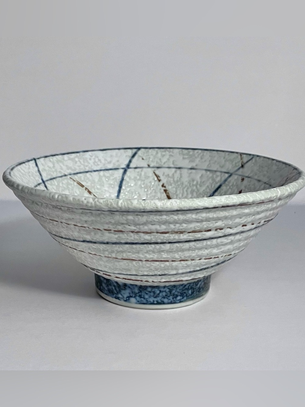 Vintage JAPANESE NOODLE BOWL / Incredible TEXTURED GLAZE / Blue & Rust Lines
